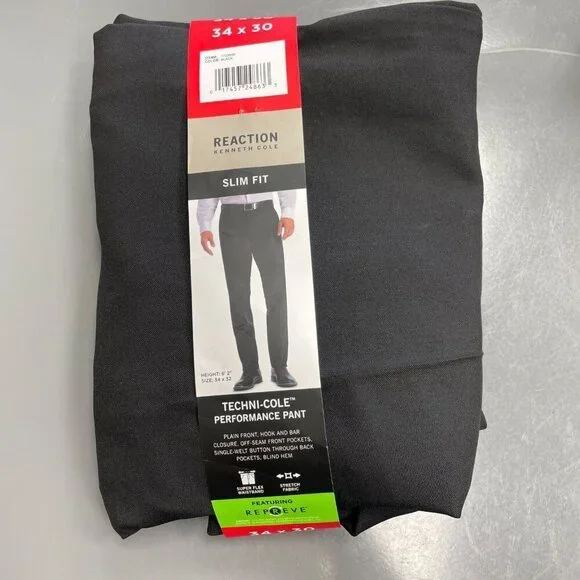 NEW Kenneth Cole Reaction Men's 34x30 Black Slim Fit Performance Pants - Picture 2 of 7